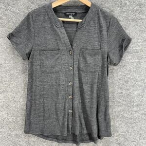 Cable & Gauge Shirt Women M Medium Gray Button Up V-Neck Short Sleeve Pockets